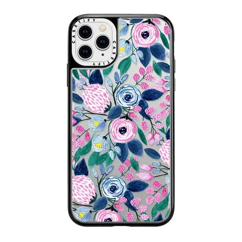 Girly Pink Navy Blue Watercolor Flowers Roses Leaves Pattern
