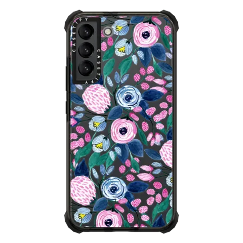 Girly Pink Navy Blue Watercolor Flowers Roses Leaves Pattern