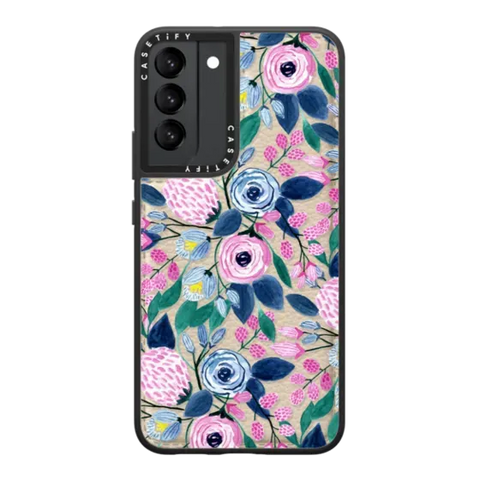 Girly Pink Navy Blue Watercolor Flowers Roses Leaves Pattern