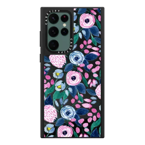 Girly Pink Navy Blue Watercolor Flowers Roses Leaves Pattern