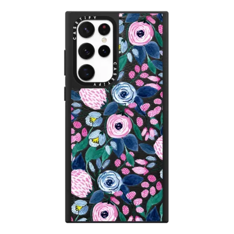 Girly Pink Navy Blue Watercolor Flowers Roses Leaves Pattern