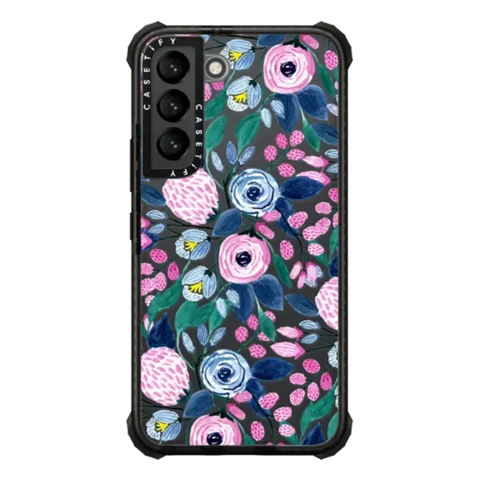 Girly Pink Navy Blue Watercolor Flowers Roses Leaves Pattern