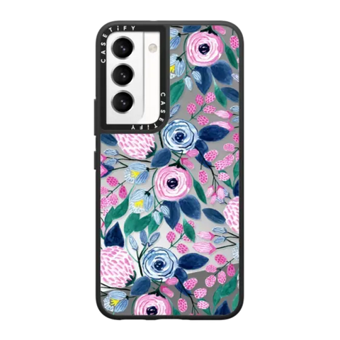 Girly Pink Navy Blue Watercolor Flowers Roses Leaves Pattern