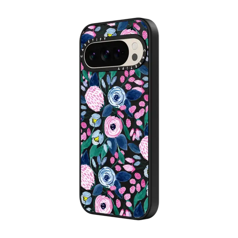 Girly Pink Navy Blue Watercolor Flowers Roses Leaves Pattern