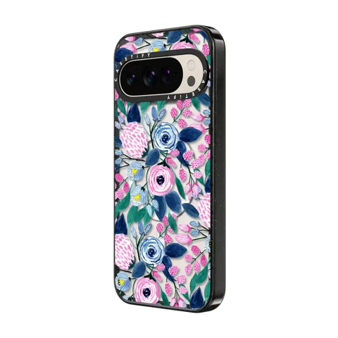 Girly Pink Navy Blue Watercolor Flowers Roses Leaves Pattern