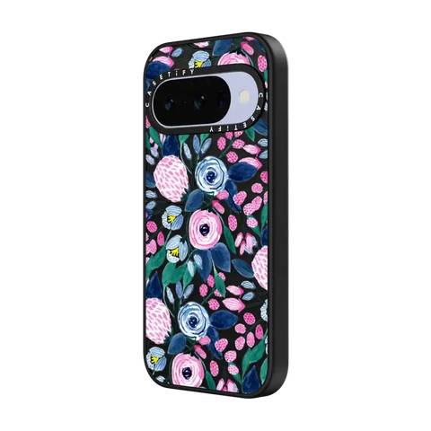 Girly Pink Navy Blue Watercolor Flowers Roses Leaves Pattern