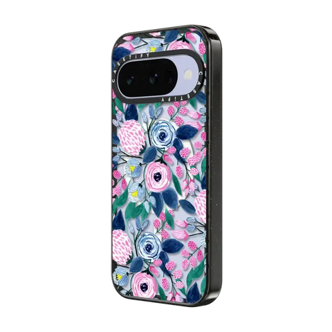 Girly Pink Navy Blue Watercolor Flowers Roses Leaves Pattern