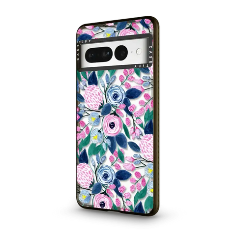Girly Pink Navy Blue Watercolor Flowers Roses Leaves Pattern