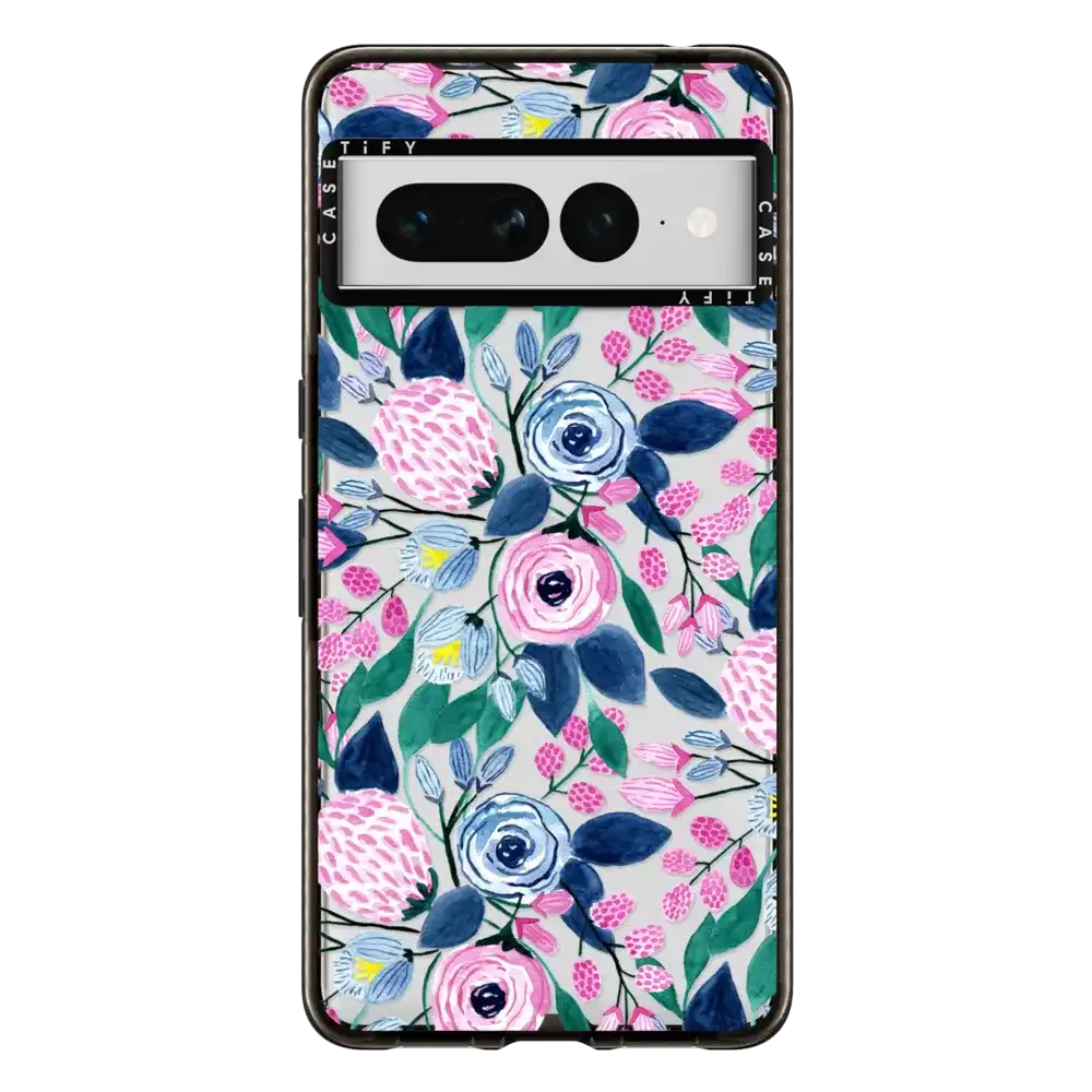 Girly Pink Navy Blue Watercolor Flowers Roses Leaves Pattern
