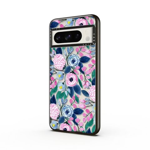 Girly Pink Navy Blue Watercolor Flowers Roses Leaves Pattern