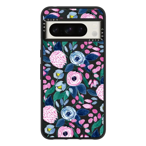 Girly Pink Navy Blue Watercolor Flowers Roses Leaves Pattern