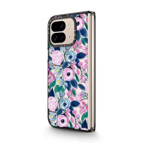 Girly Pink Navy Blue Watercolor Flowers Roses Leaves Pattern