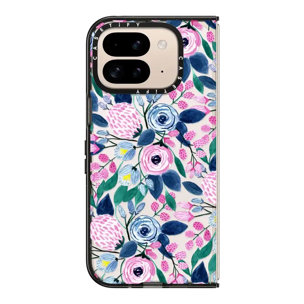 Girly Pink Navy Blue Watercolor Flowers Roses Leaves Pattern
