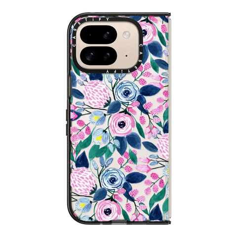 Girly Pink Navy Blue Watercolor Flowers Roses Leaves Pattern