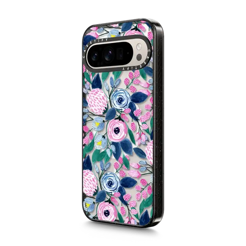 Girly Pink Navy Blue Watercolor Flowers Roses Leaves Pattern