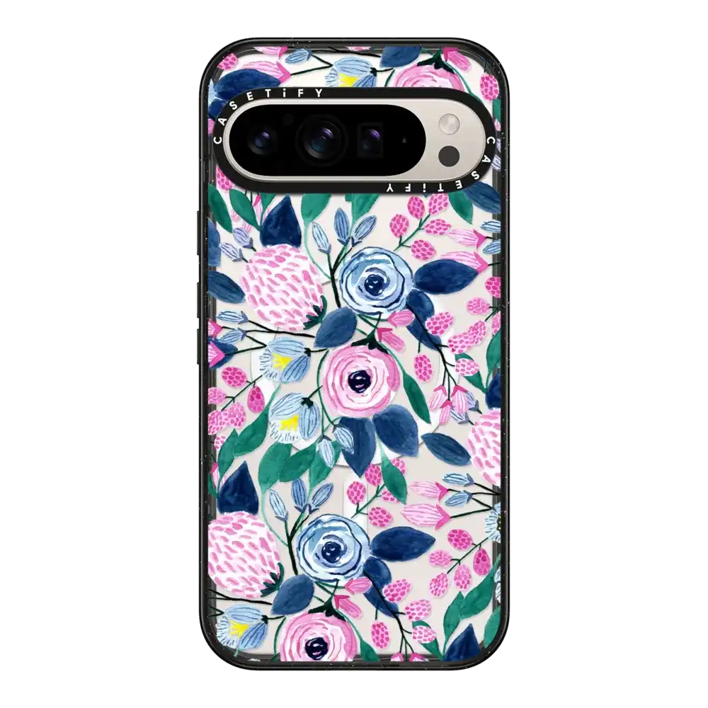 Girly Pink Navy Blue Watercolor Flowers Roses Leaves Pattern