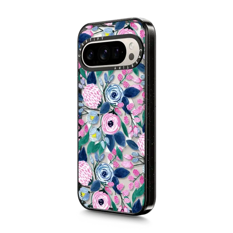 Girly Pink Navy Blue Watercolor Flowers Roses Leaves Pattern