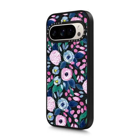 Girly Pink Navy Blue Watercolor Flowers Roses Leaves Pattern