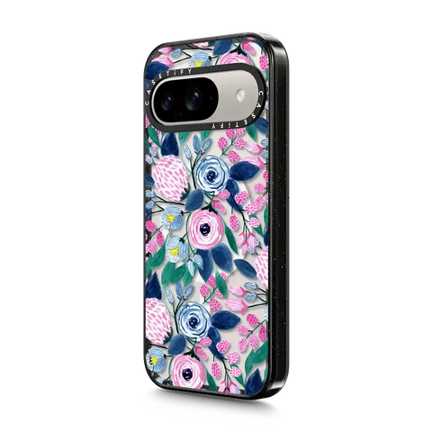 Girly Pink Navy Blue Watercolor Flowers Roses Leaves Pattern
