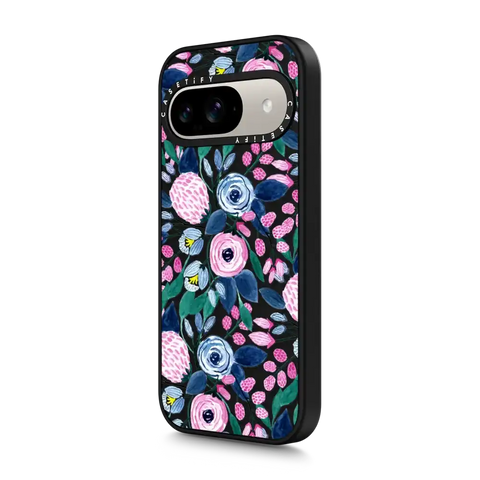 Girly Pink Navy Blue Watercolor Flowers Roses Leaves Pattern