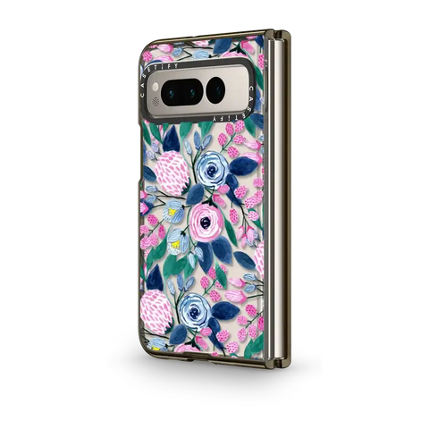 Girly Pink Navy Blue Watercolor Flowers Roses Leaves Pattern