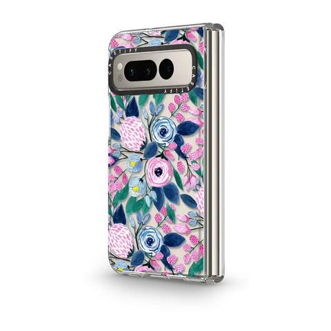 Girly Pink Navy Blue Watercolor Flowers Roses Leaves Pattern