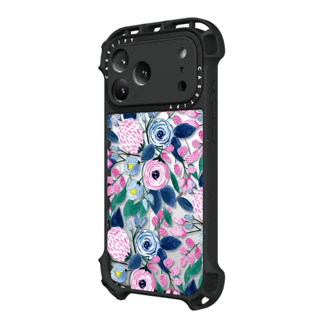 Girly Pink Navy Blue Watercolor Flowers Roses Leaves Pattern