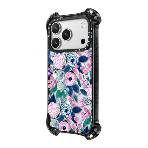 Girly Pink Navy Blue Watercolor Flowers Roses Leaves Pattern