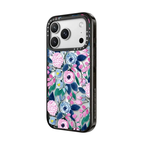 Girly Pink Navy Blue Watercolor Flowers Roses Leaves Pattern