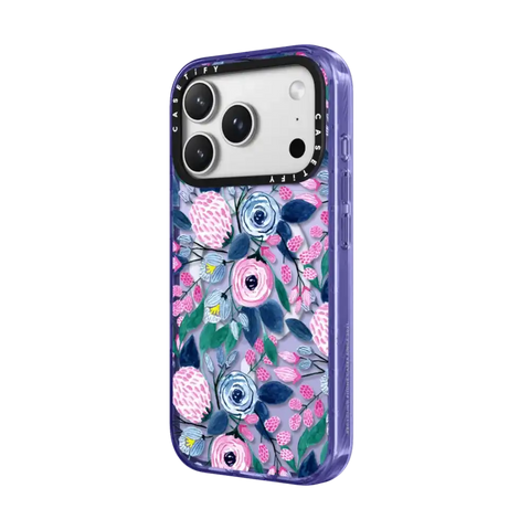 Girly Pink Navy Blue Watercolor Flowers Roses Leaves Pattern