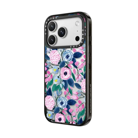 Girly Pink Navy Blue Watercolor Flowers Roses Leaves Pattern