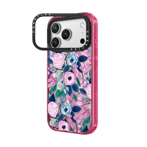 Girly Pink Navy Blue Watercolor Flowers Roses Leaves Pattern