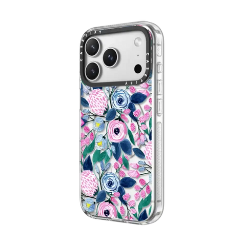 Girly Pink Navy Blue Watercolor Flowers Roses Leaves Pattern