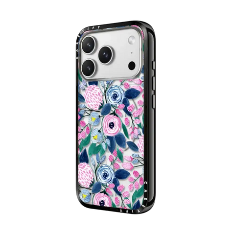 Girly Pink Navy Blue Watercolor Flowers Roses Leaves Pattern