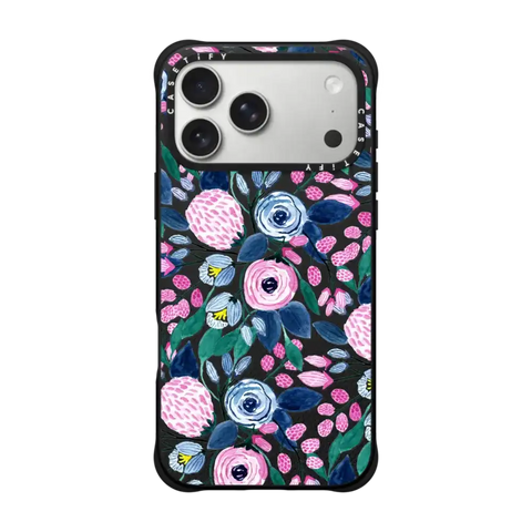 Girly Pink Navy Blue Watercolor Flowers Roses Leaves Pattern