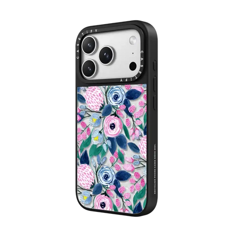 Girly Pink Navy Blue Watercolor Flowers Roses Leaves Pattern