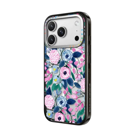 Girly Pink Navy Blue Watercolor Flowers Roses Leaves Pattern