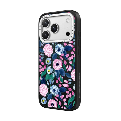 Girly Pink Navy Blue Watercolor Flowers Roses Leaves Pattern