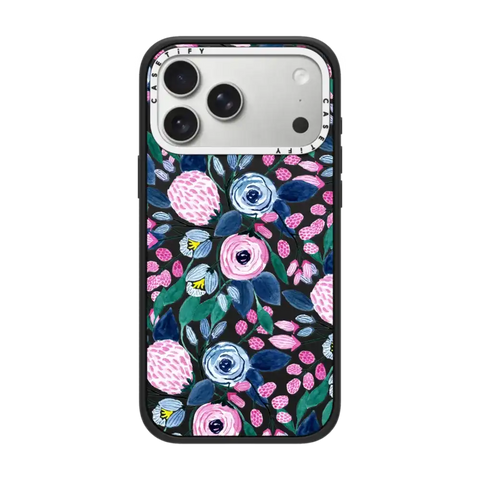 Girly Pink Navy Blue Watercolor Flowers Roses Leaves Pattern