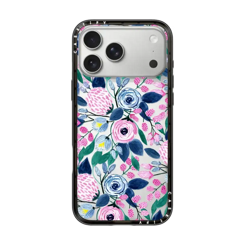 Girly Pink Navy Blue Watercolor Flowers Roses Leaves Pattern