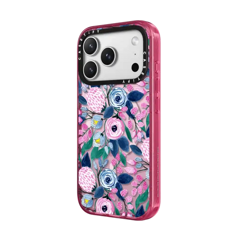 Girly Pink Navy Blue Watercolor Flowers Roses Leaves Pattern