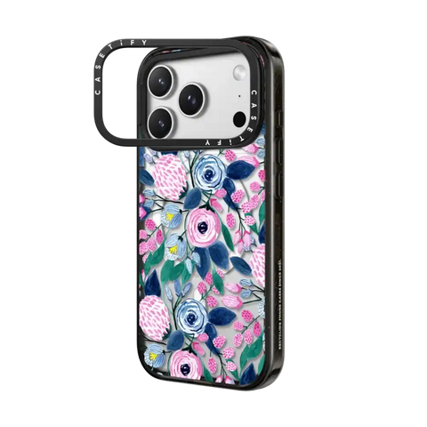 Girly Pink Navy Blue Watercolor Flowers Roses Leaves Pattern