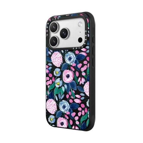 Girly Pink Navy Blue Watercolor Flowers Roses Leaves Pattern