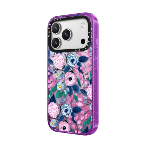Girly Pink Navy Blue Watercolor Flowers Roses Leaves Pattern