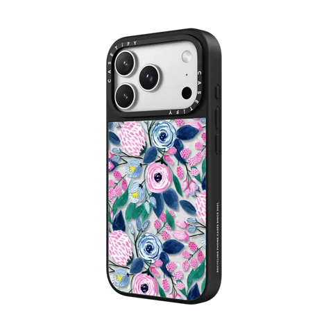 Girly Pink Navy Blue Watercolor Flowers Roses Leaves Pattern