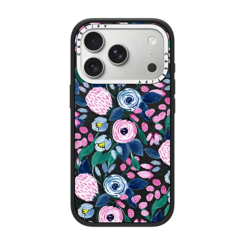 Girly Pink Navy Blue Watercolor Flowers Roses Leaves Pattern