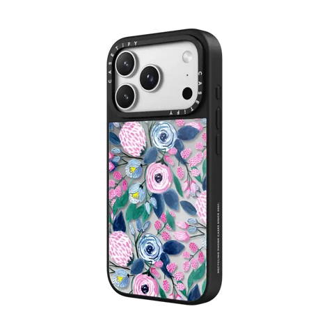 Girly Pink Navy Blue Watercolor Flowers Roses Leaves Pattern