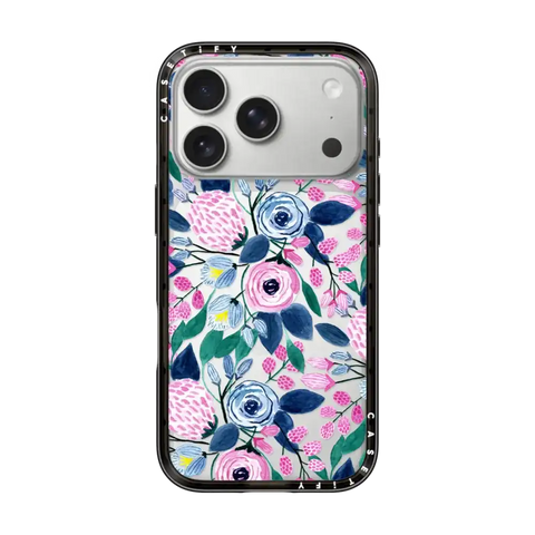 Girly Pink Navy Blue Watercolor Flowers Roses Leaves Pattern