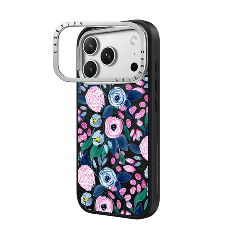 Girly Pink Navy Blue Watercolor Flowers Roses Leaves Pattern