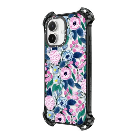Girly Pink Navy Blue Watercolor Flowers Roses Leaves Pattern